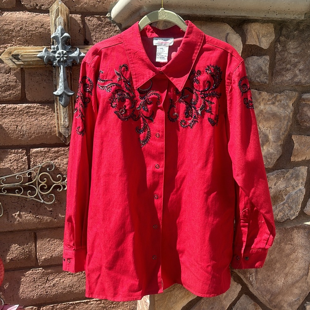 Vintage Victor Costa Red Beaded Button Down Shirt Snap Button Size Medium NWT